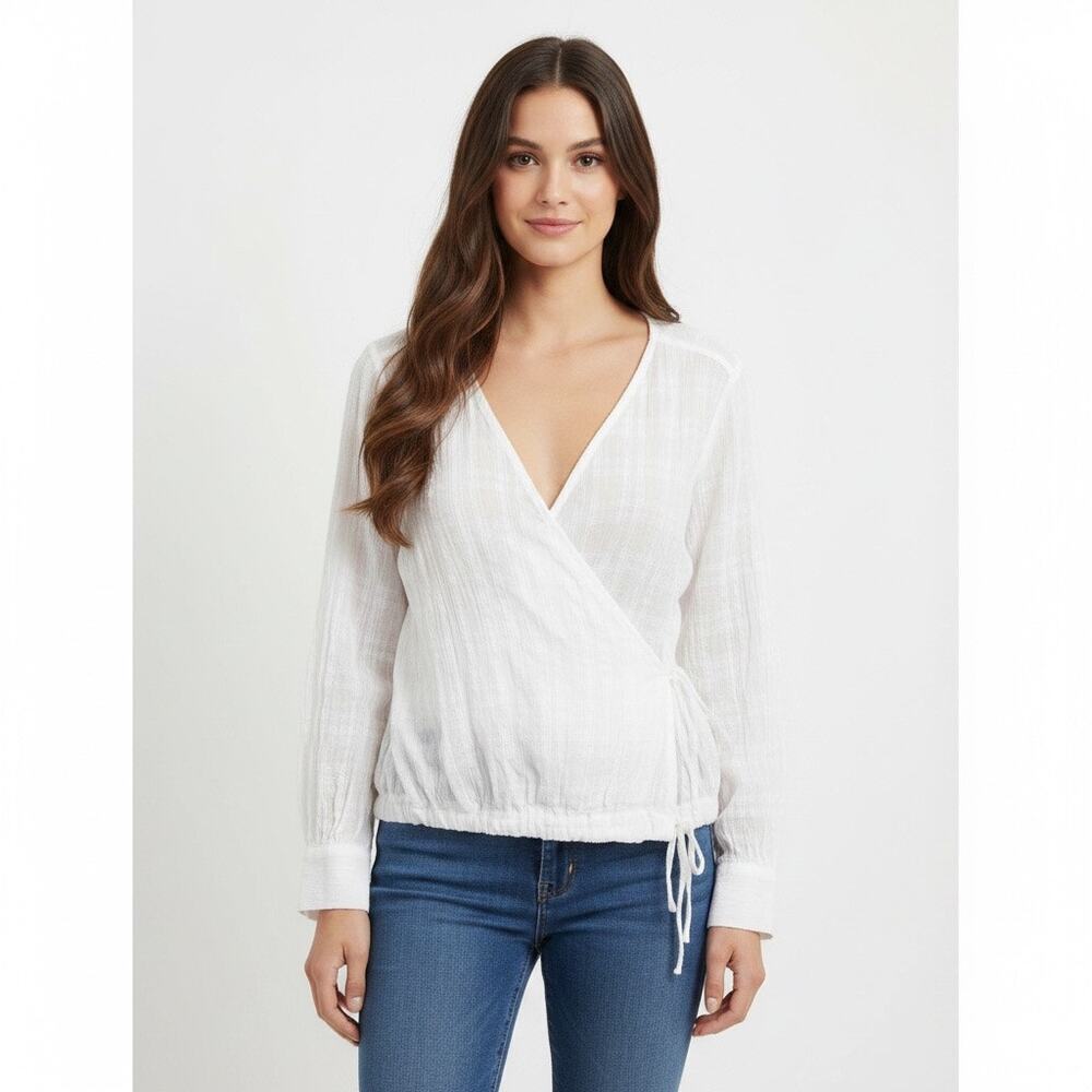 Habitual White Cotton Surplice Long Sleeve V Neck Wrap Blouse Boho Medium Cotton